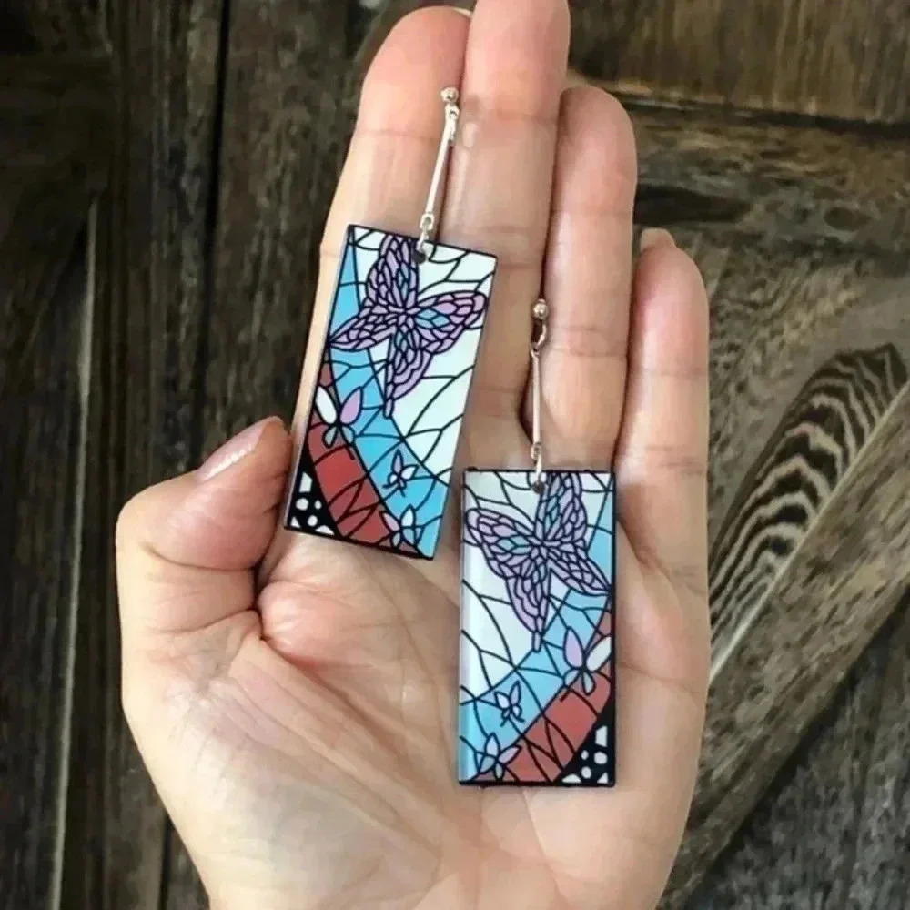 Butterfly Retro Pop Asian Anime Style Rectangle Resin Drop Earrings F Nwt